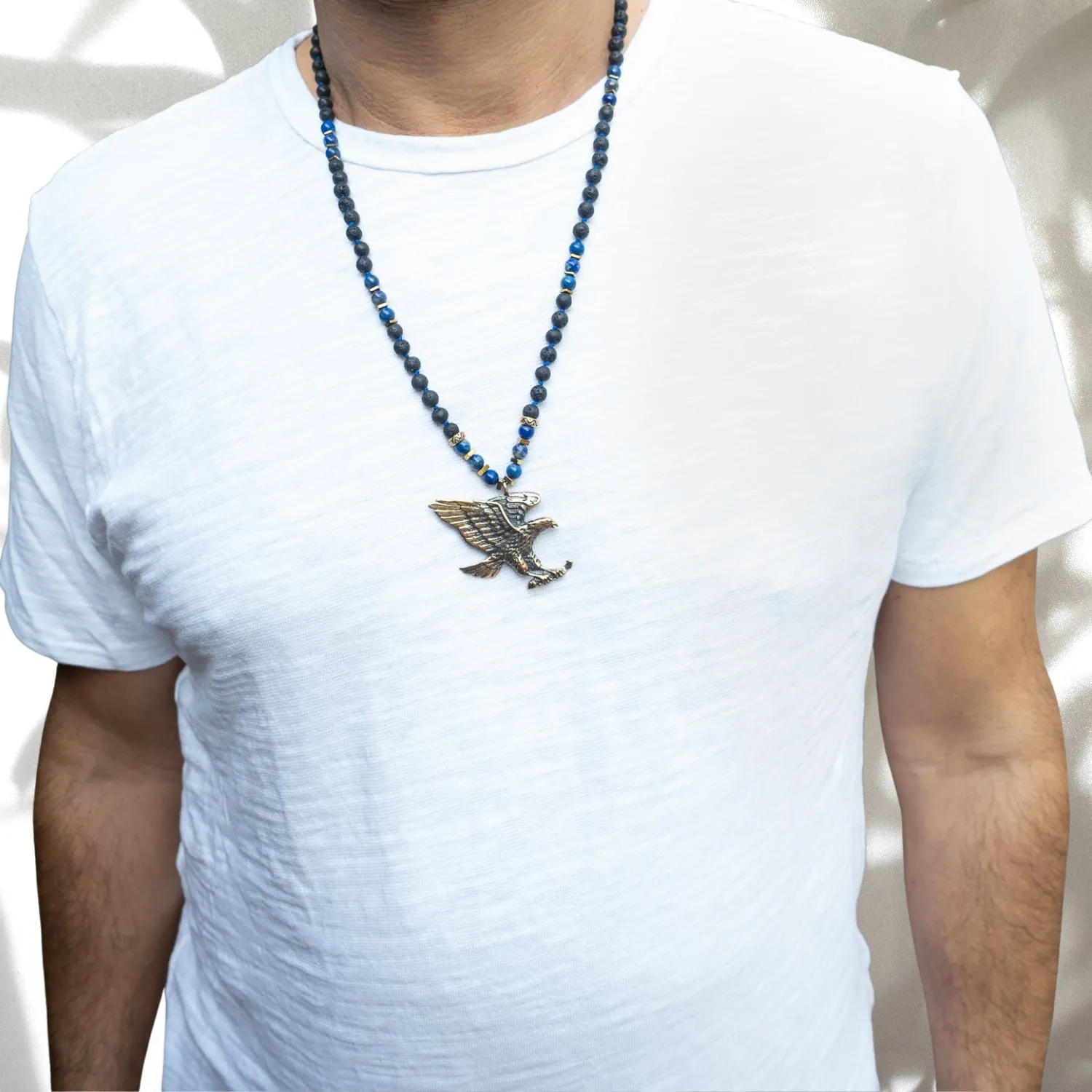 Powerful Spirit Animal Eagle Bronze Pendant Beaded Necklace