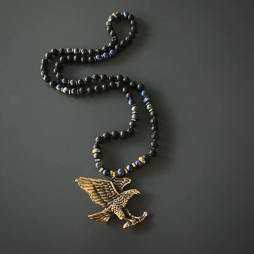 Powerful Spirit Animal Eagle Bronze Pendant Beaded Necklace
