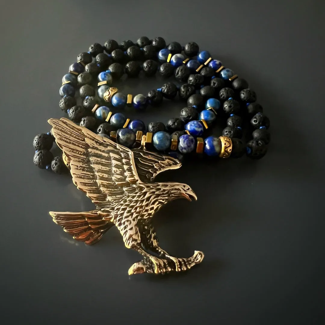 Powerful Spirit Animal Eagle Bronze Pendant Beaded Necklace