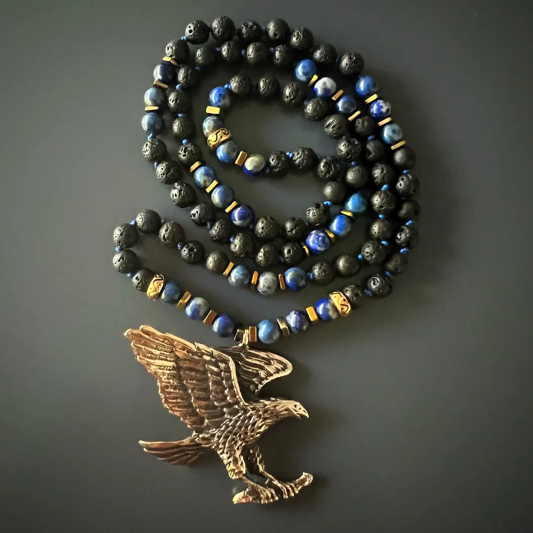 Powerful Spirit Animal Eagle Bronze Pendant Beaded Necklace