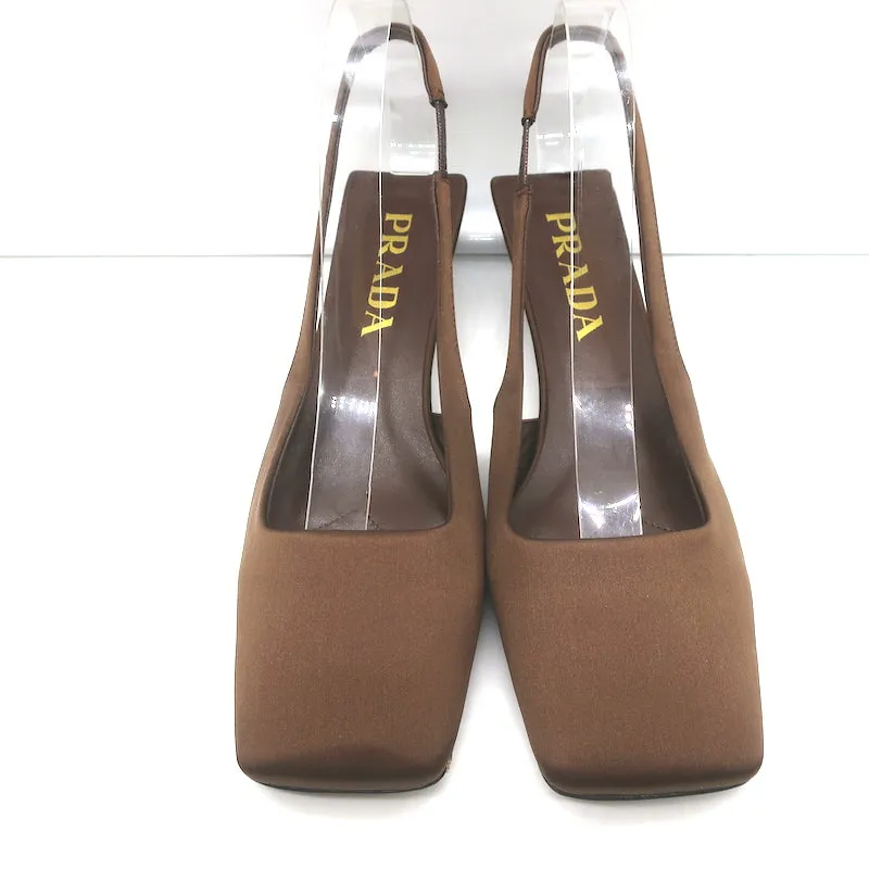 Prada Logo-Heel Slingback Pumps Tobacco Satin Size 40 NEW