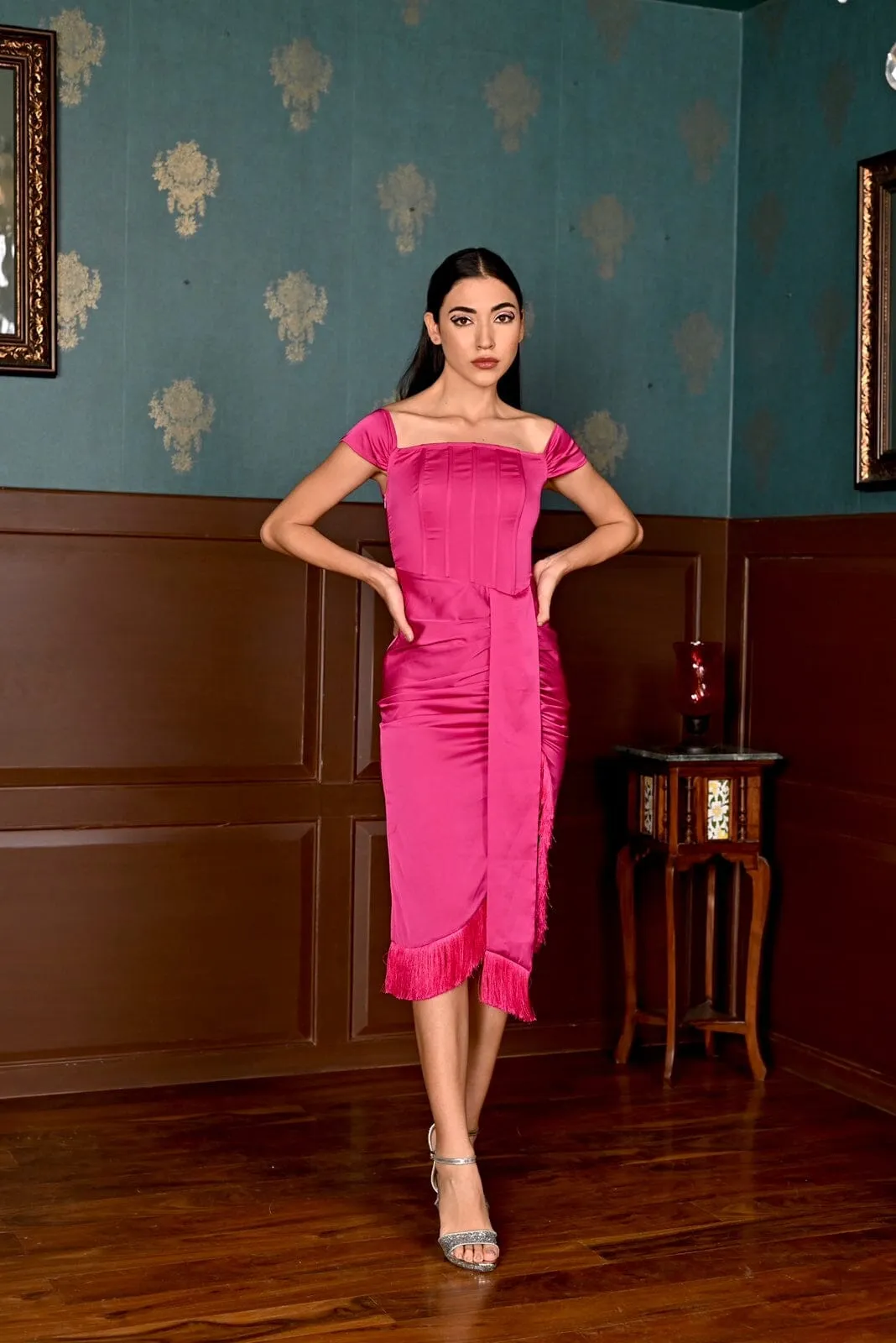 Precious moment - pink satin tassel hem dress