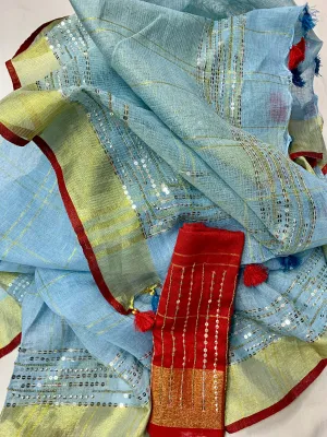 Pretty Pure Linen Embroidred Saree In Sky Blue