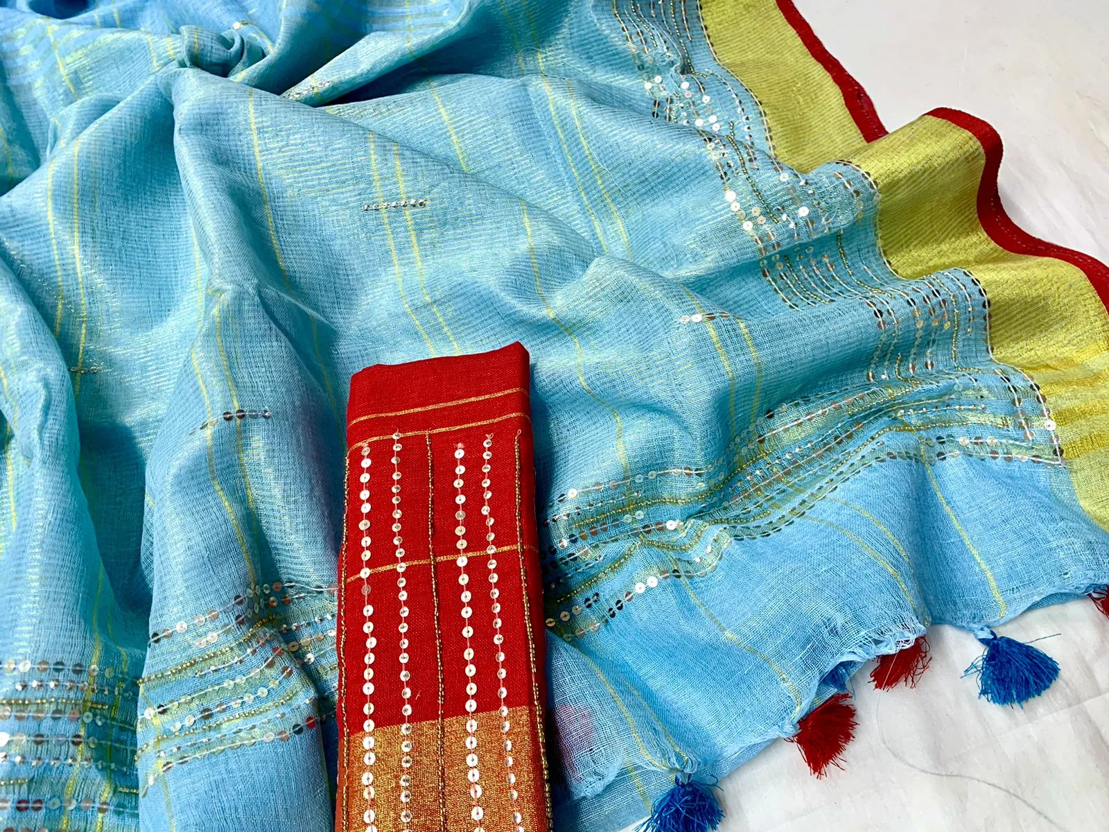 Pretty Pure Linen Embroidred Saree In Sky Blue