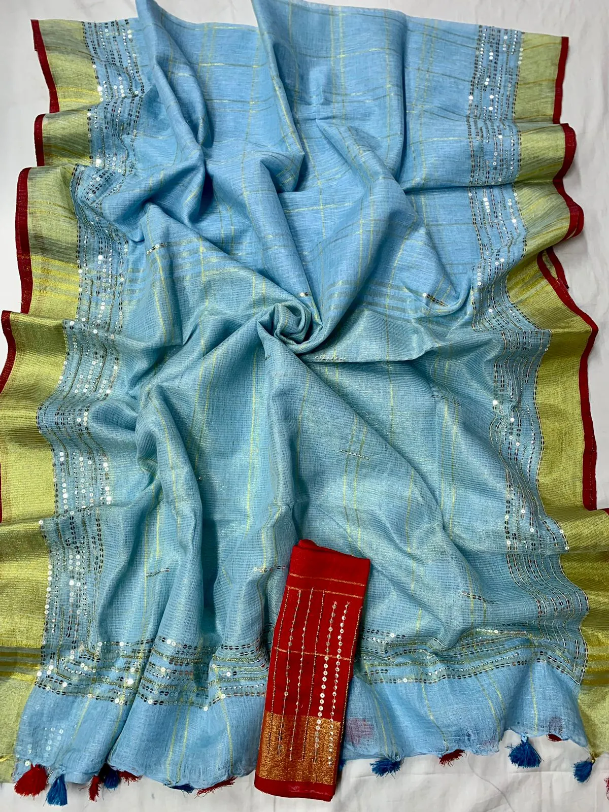 Pretty Pure Linen Embroidred Saree In Sky Blue