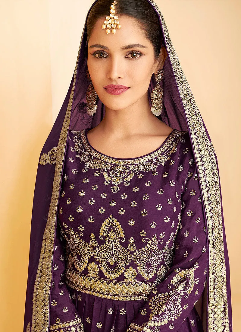 Purple Georgette Embroidered Sharara Style Suit