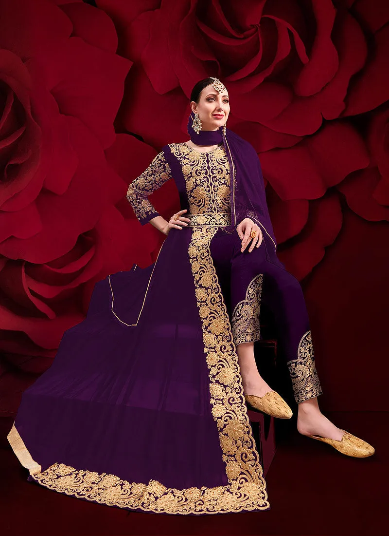 Purple Golden Embroidered Slit Style Anarkali Pant Suit