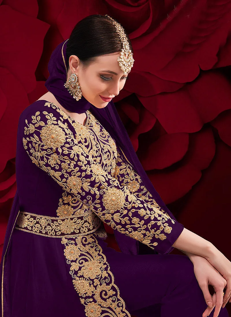 Purple Golden Embroidered Slit Style Anarkali Pant Suit