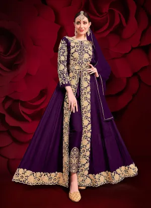 Purple Golden Embroidered Slit Style Anarkali Pant Suit