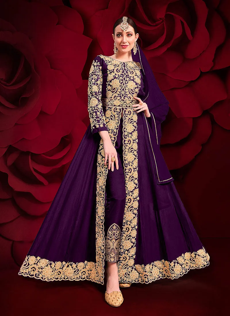 Purple Golden Embroidered Slit Style Anarkali Pant Suit