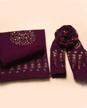 Purple Modal Satin Blend Block Printed Unstitched Suit Fabric Set With Modal Satin Block Printed Dupatta