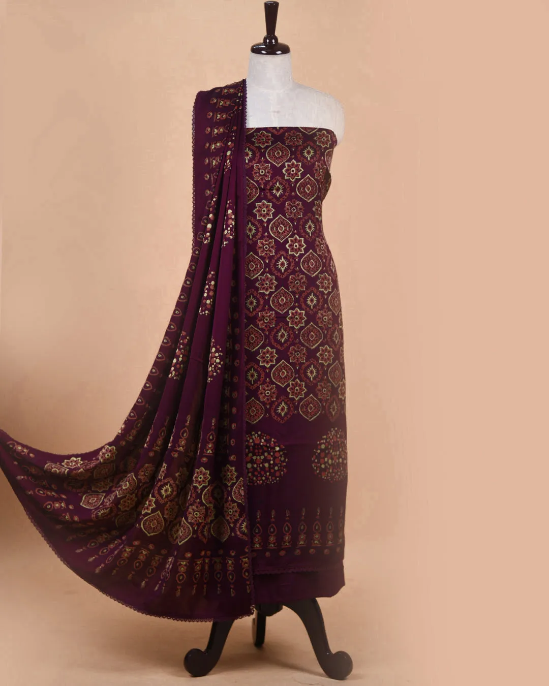 Purple Modal Satin Blend Block Printed Unstitched Suit Fabric Set With Modal Satin Block Printed Dupatta