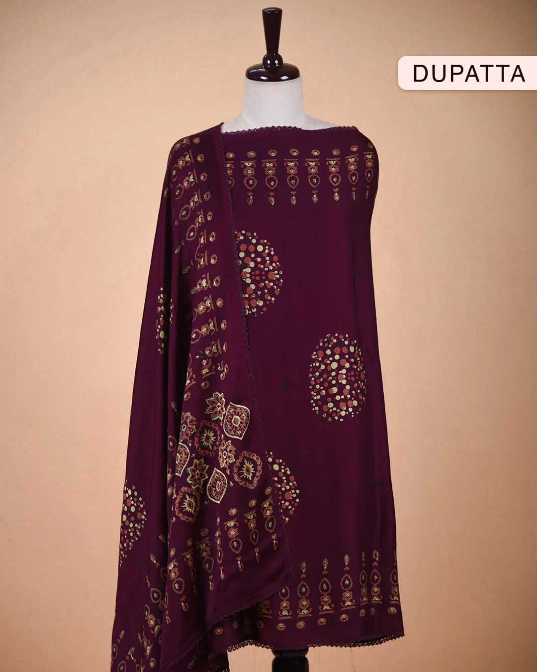 Purple Modal Satin Blend Block Printed Unstitched Suit Fabric Set With Modal Satin Block Printed Dupatta
