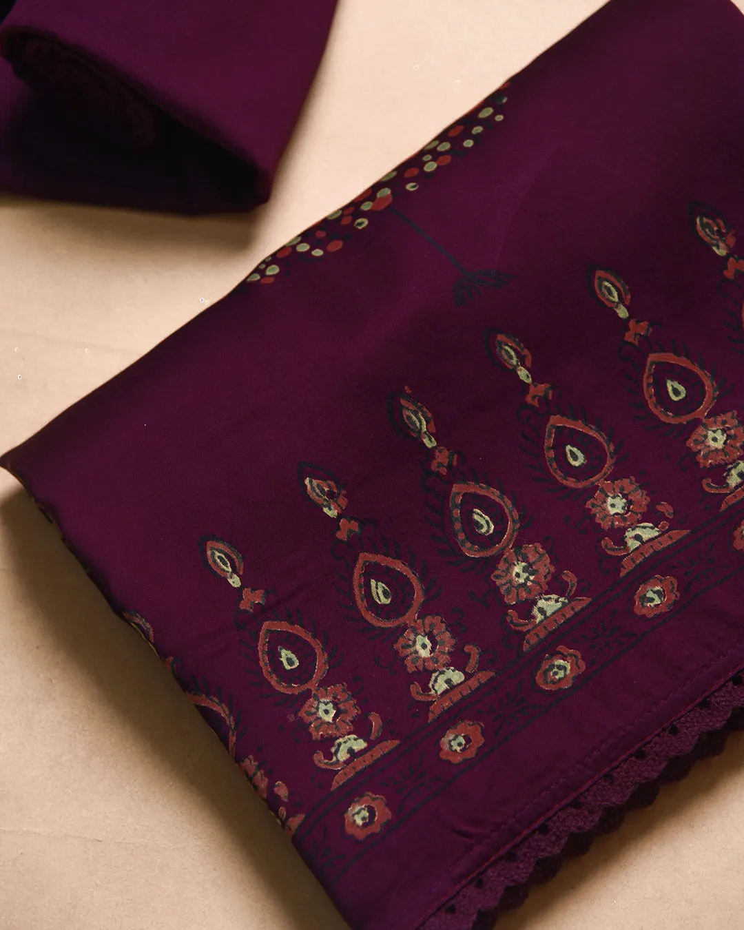 Purple Modal Satin Blend Block Printed Unstitched Suit Fabric Set With Modal Satin Block Printed Dupatta