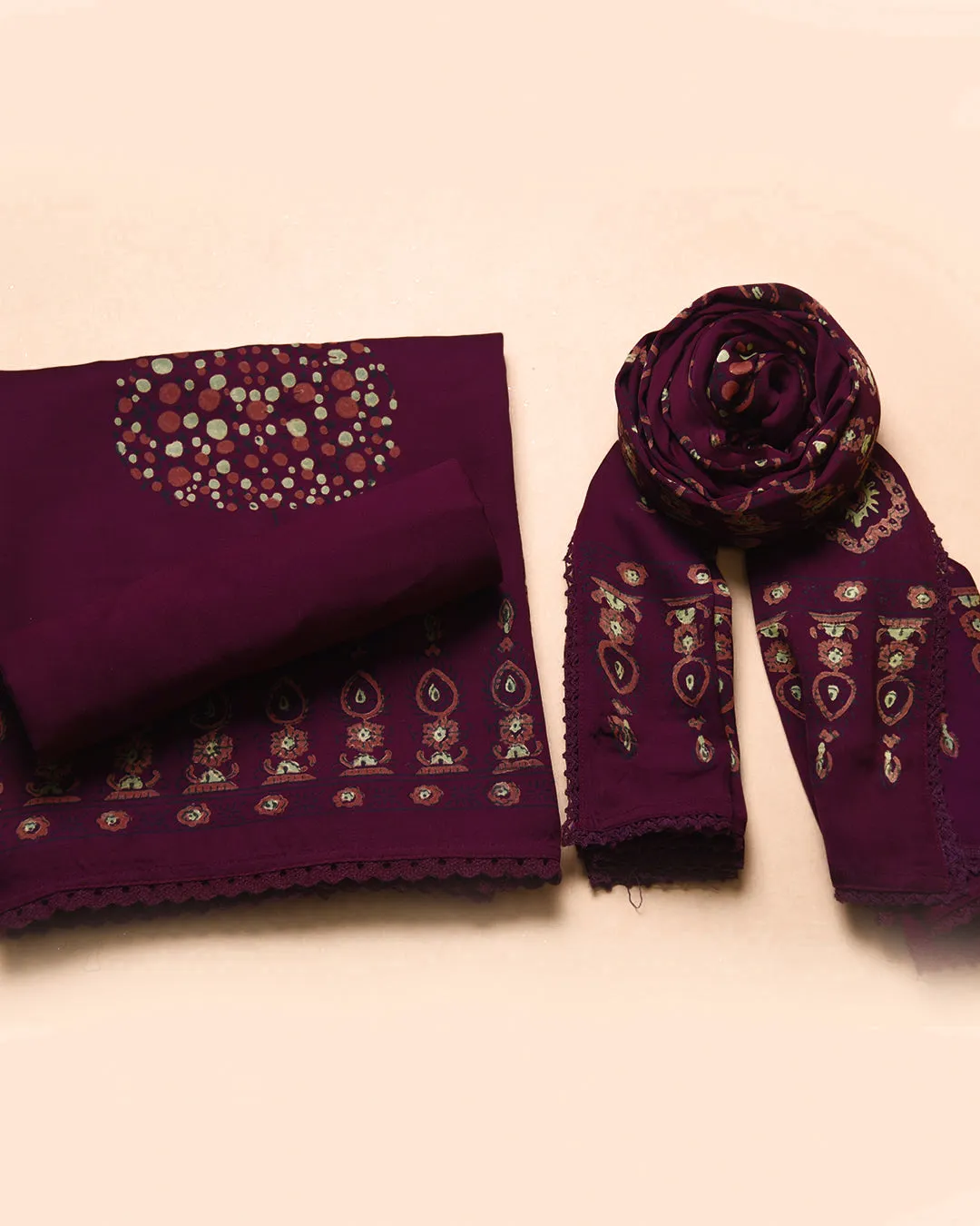 Purple Modal Satin Blend Block Printed Unstitched Suit Fabric Set With Modal Satin Block Printed Dupatta