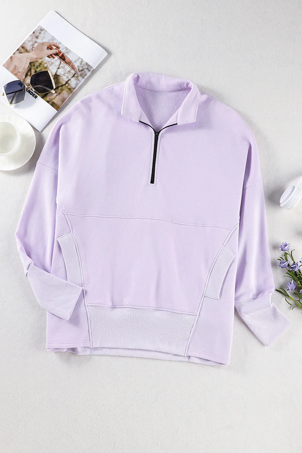 Purple Oversized Quarter-Zip Pullover Sweatshirt