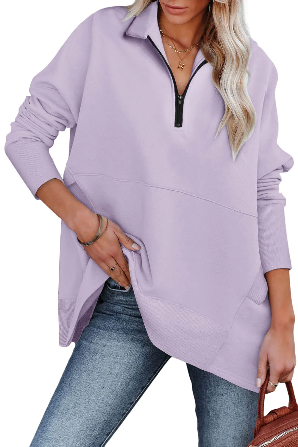 Purple Oversized Quarter-Zip Pullover Sweatshirt