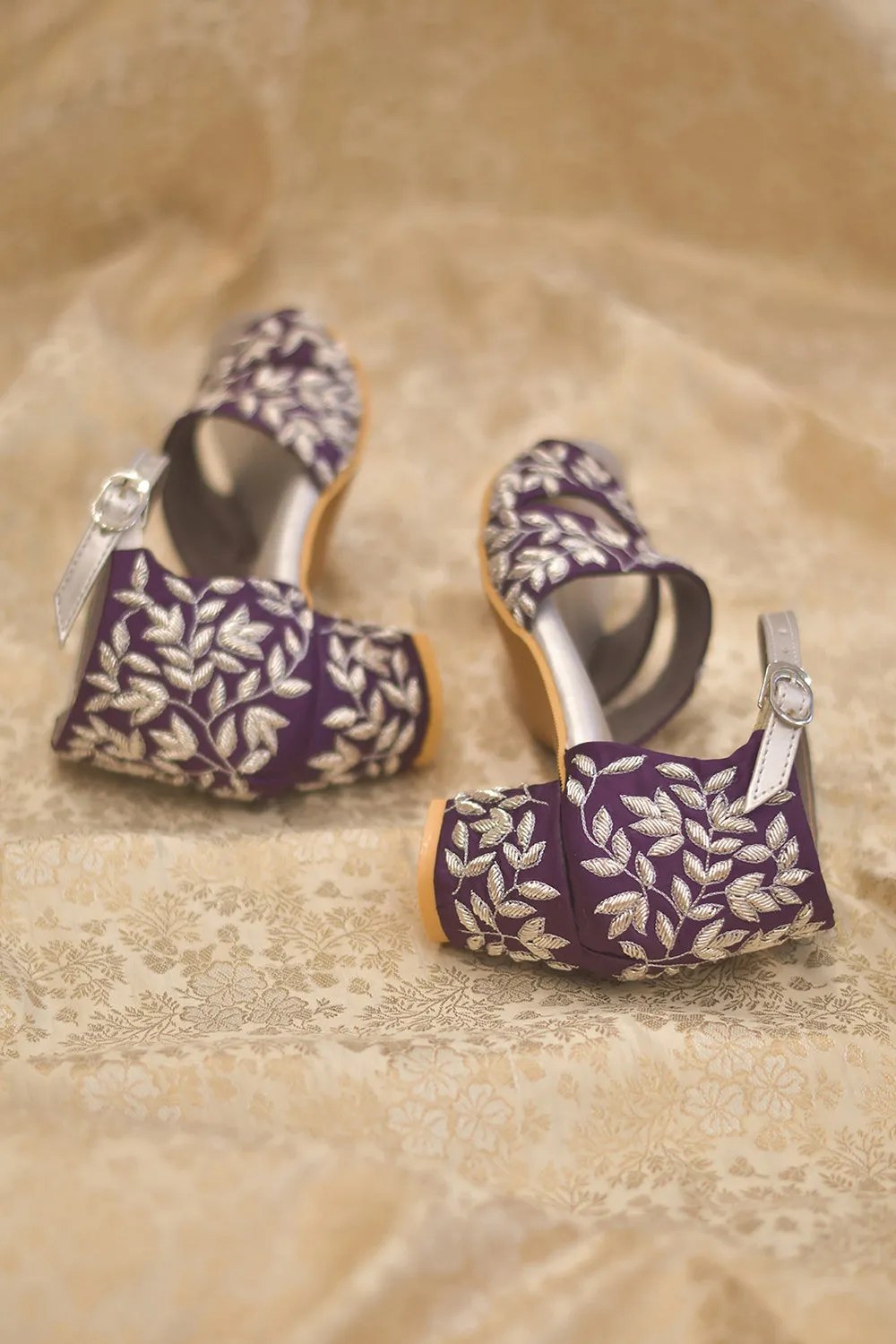Purple Satin Embroidered Heels