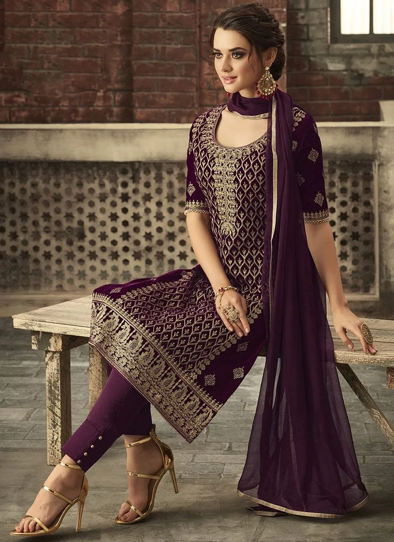 Purple With Gold Ethnic Embroidered Pant Suit
