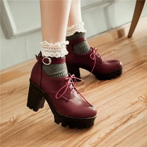 PXELENA Shoes Women Gothic Punk Plus Size Mary Janes Womens Round Toe Lace Up Block Chunky High Heels Platform Pumps Roma Shoes