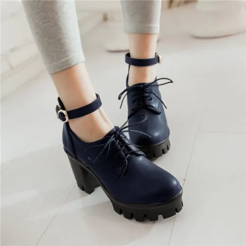 PXELENA Shoes Women Gothic Punk Plus Size Mary Janes Womens Round Toe Lace Up Block Chunky High Heels Platform Pumps Roma Shoes