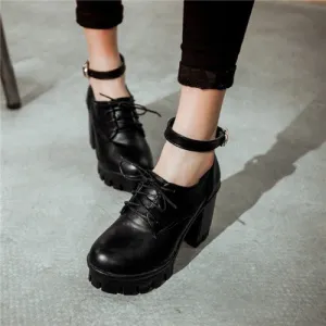 PXELENA Shoes Women Gothic Punk Plus Size Mary Janes Womens Round Toe Lace Up Block Chunky High Heels Platform Pumps Roma Shoes