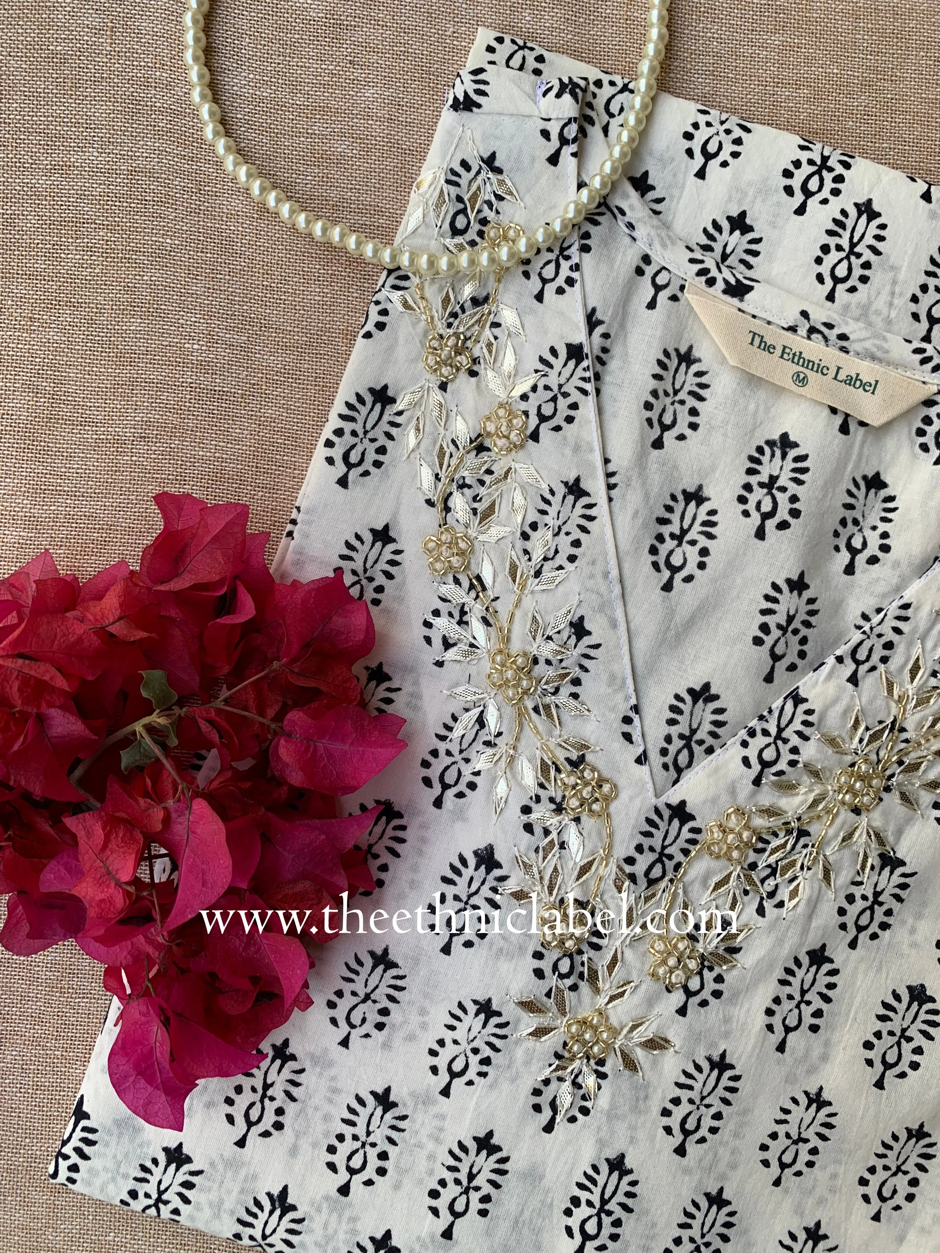 "Aria" Hand Embroidered Block Printed Cotton kurta