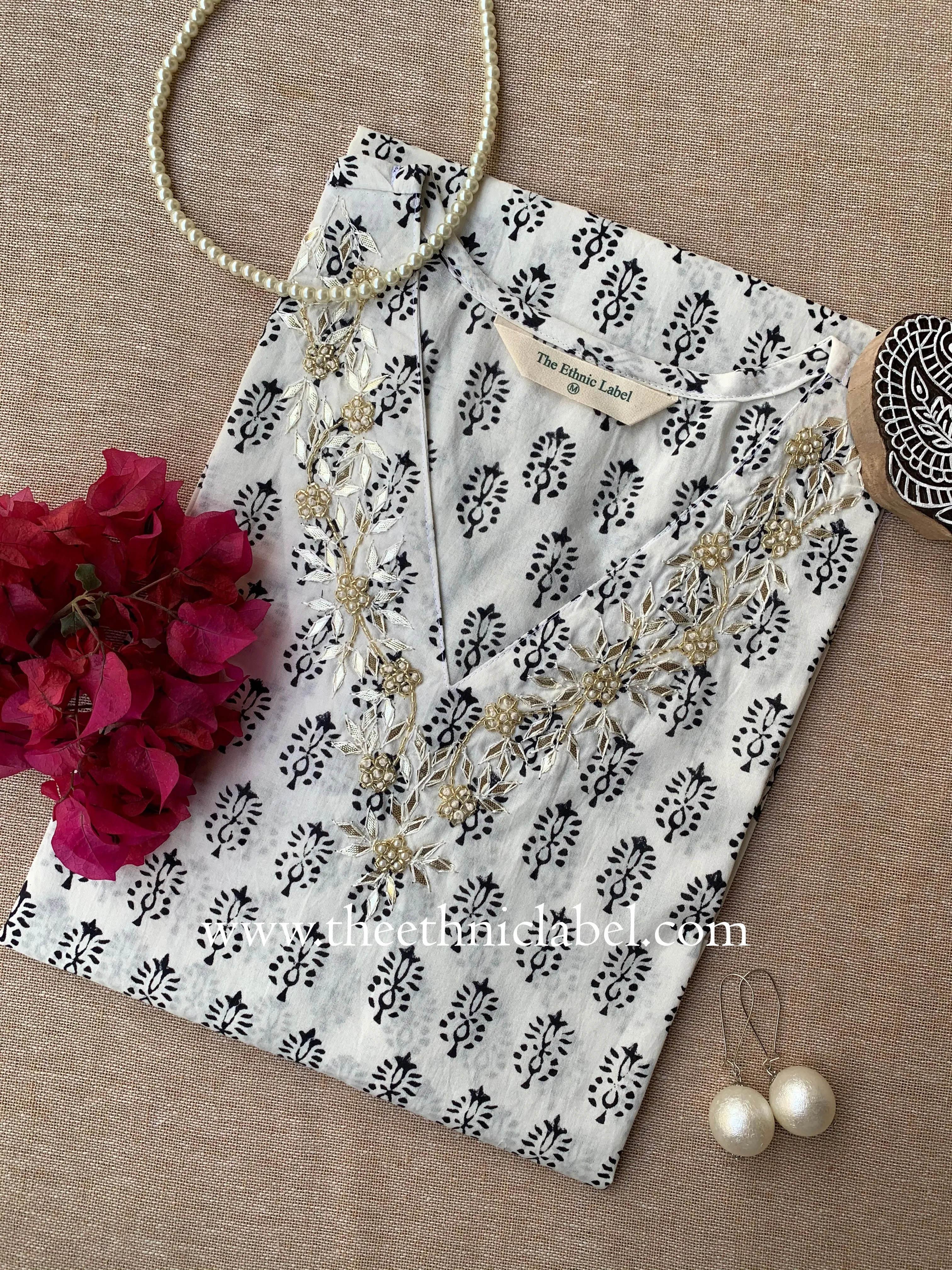 "Aria" Hand Embroidered Block Printed Cotton kurta