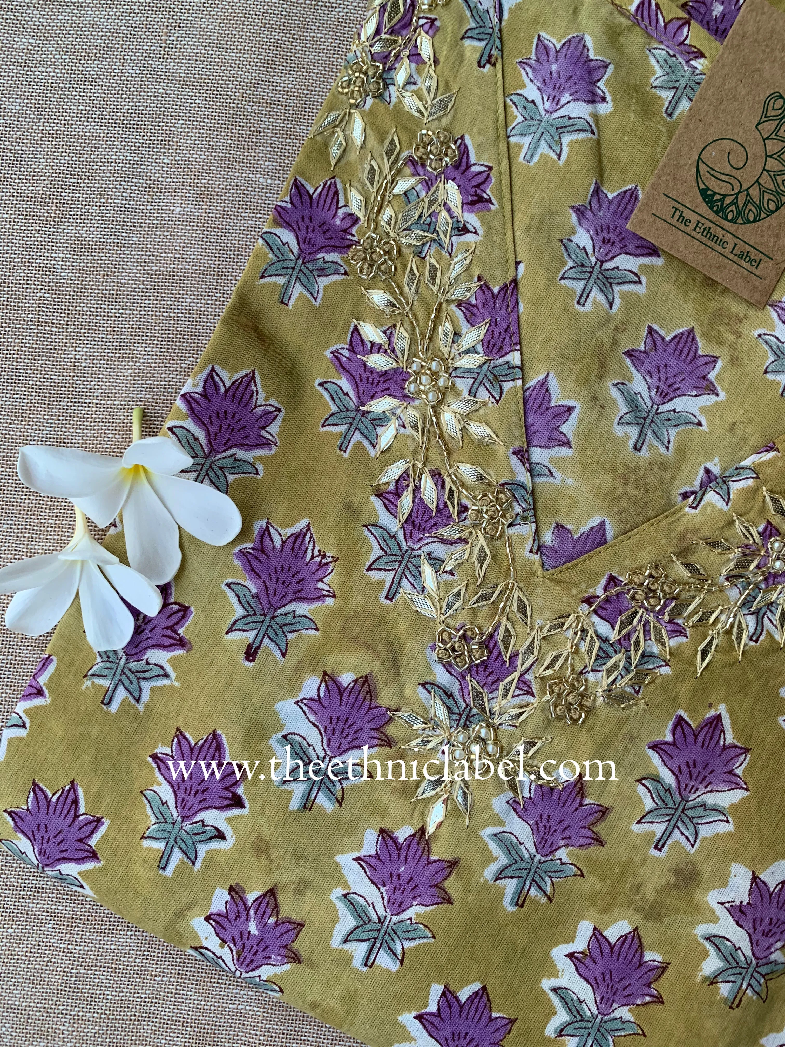 "Jhilmil" Hand Embroidered Block Printed Cotton kurta