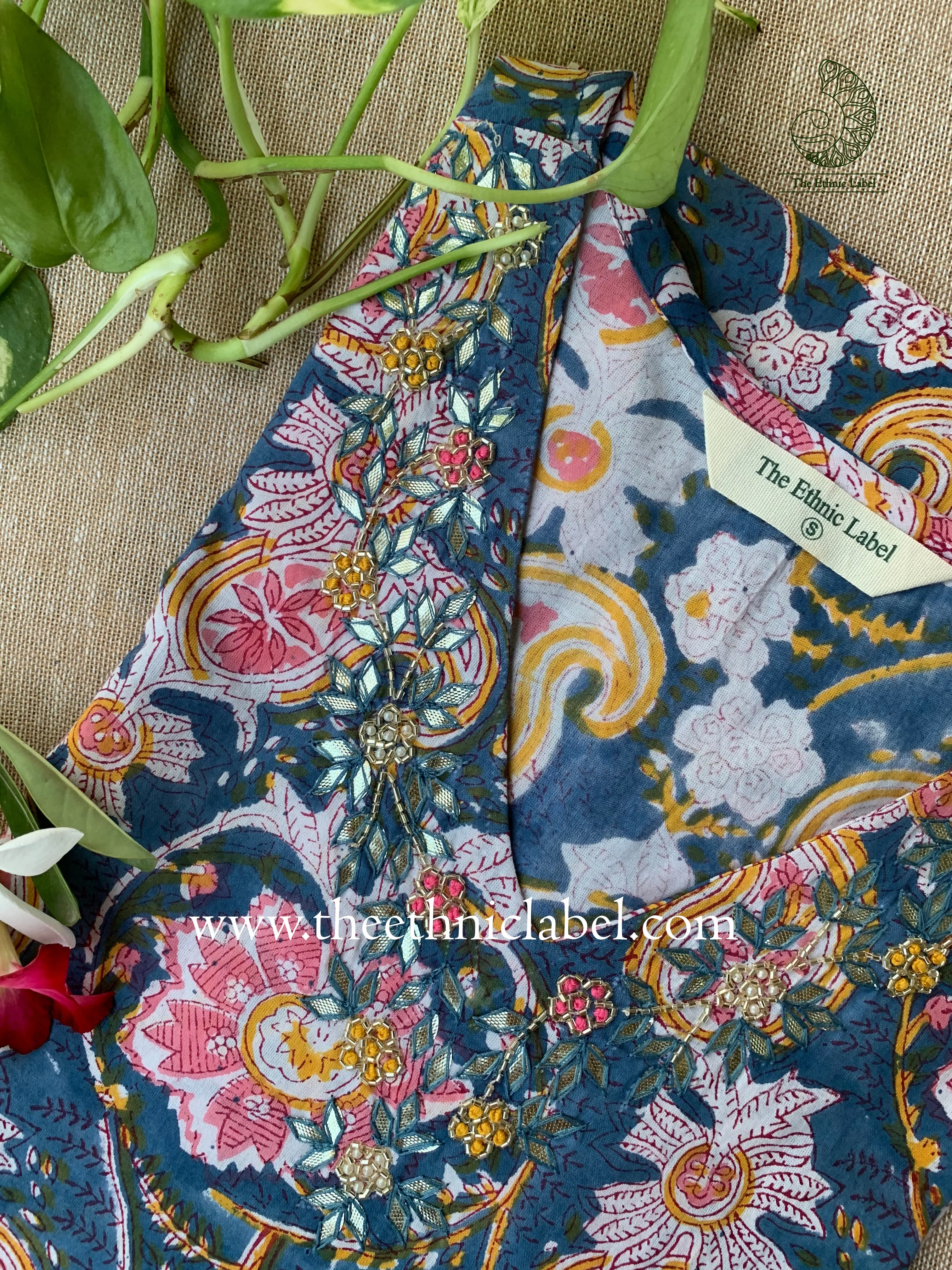 "Lisa" Hand Embroidered Block Printed Cotton kurta