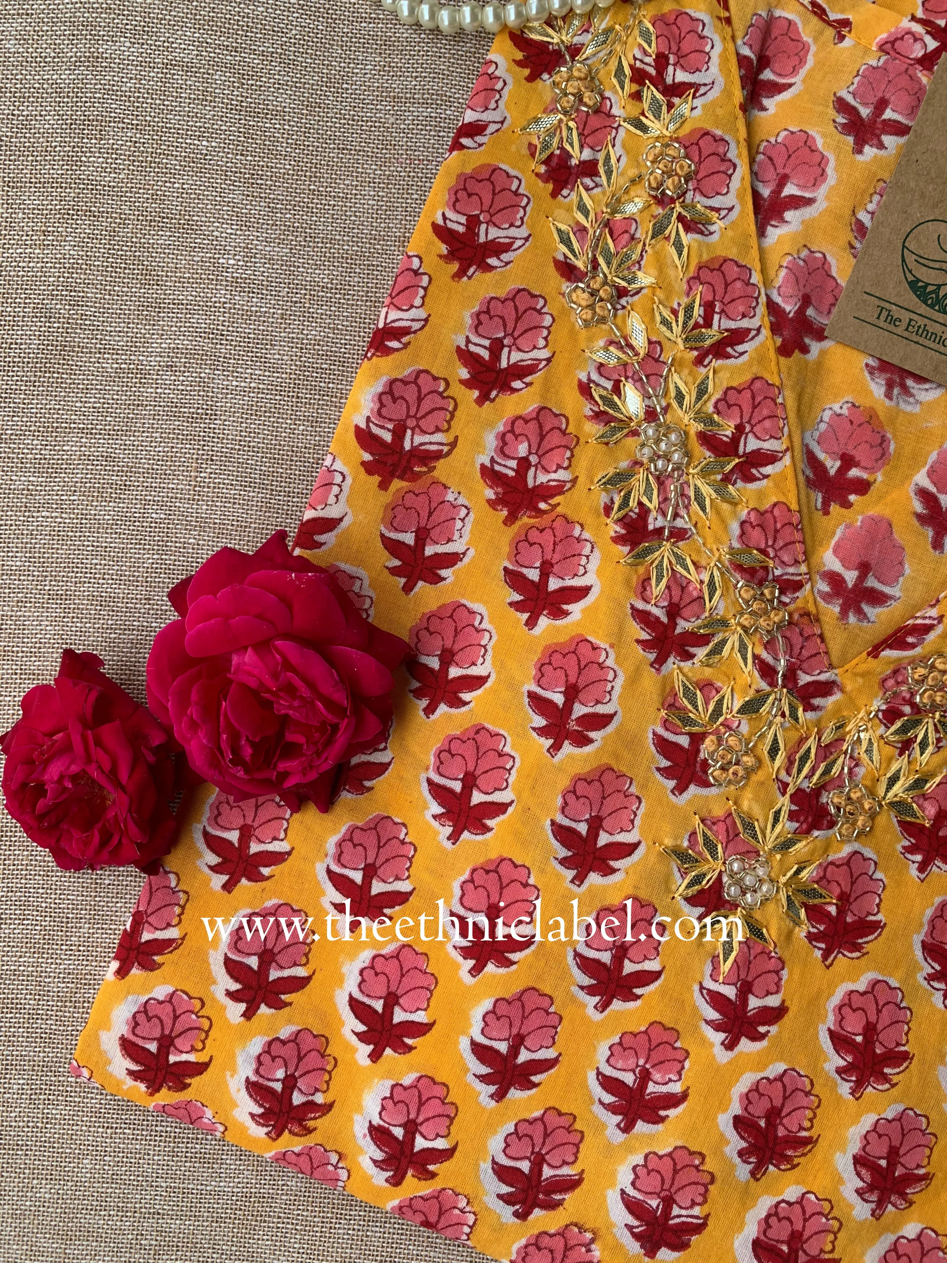 "Maanvi" Hand Embroidered Block Printed Cotton kurta