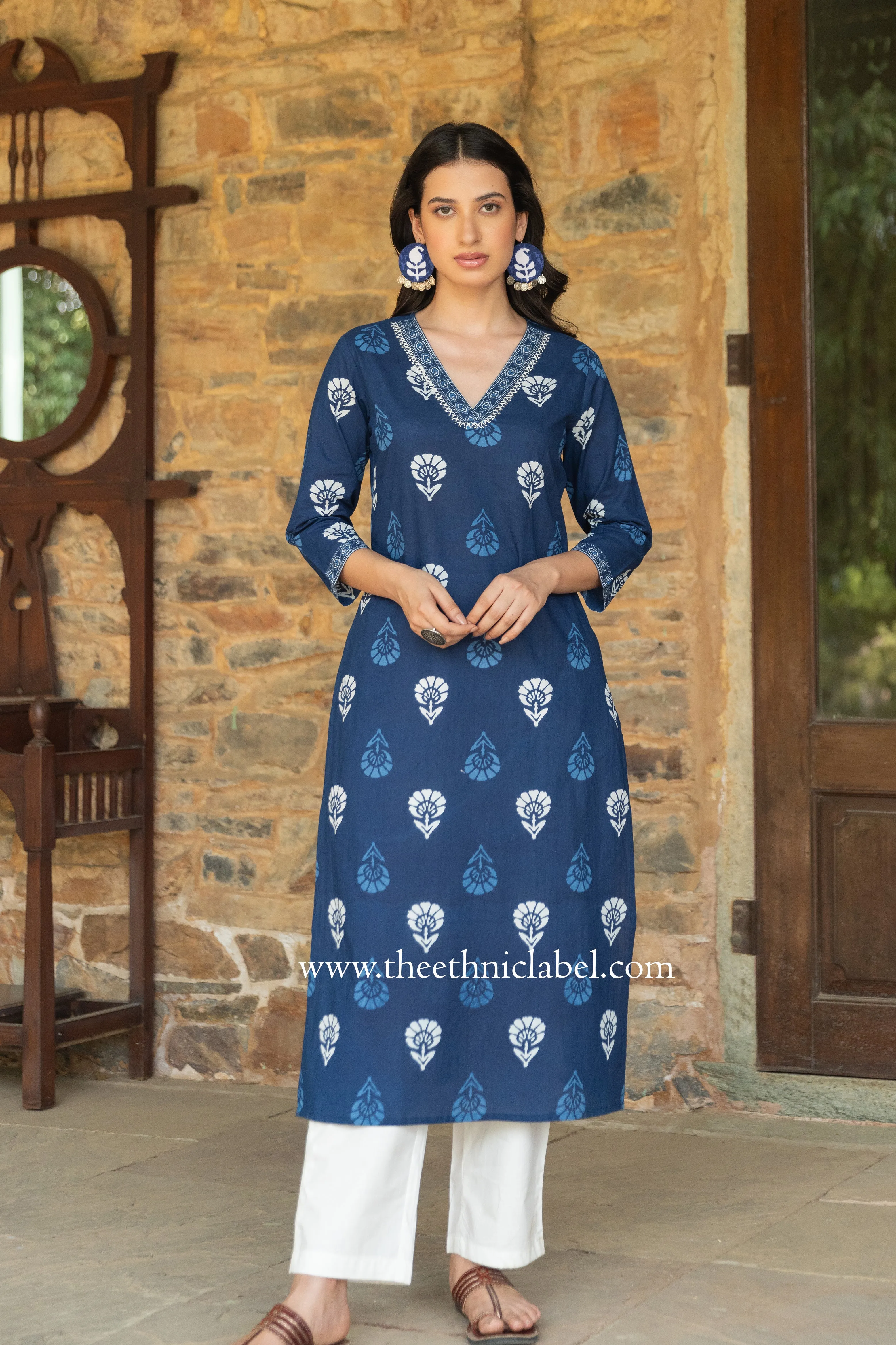 "Madhavi" Indigo Hand Embroidered Cotton kurta