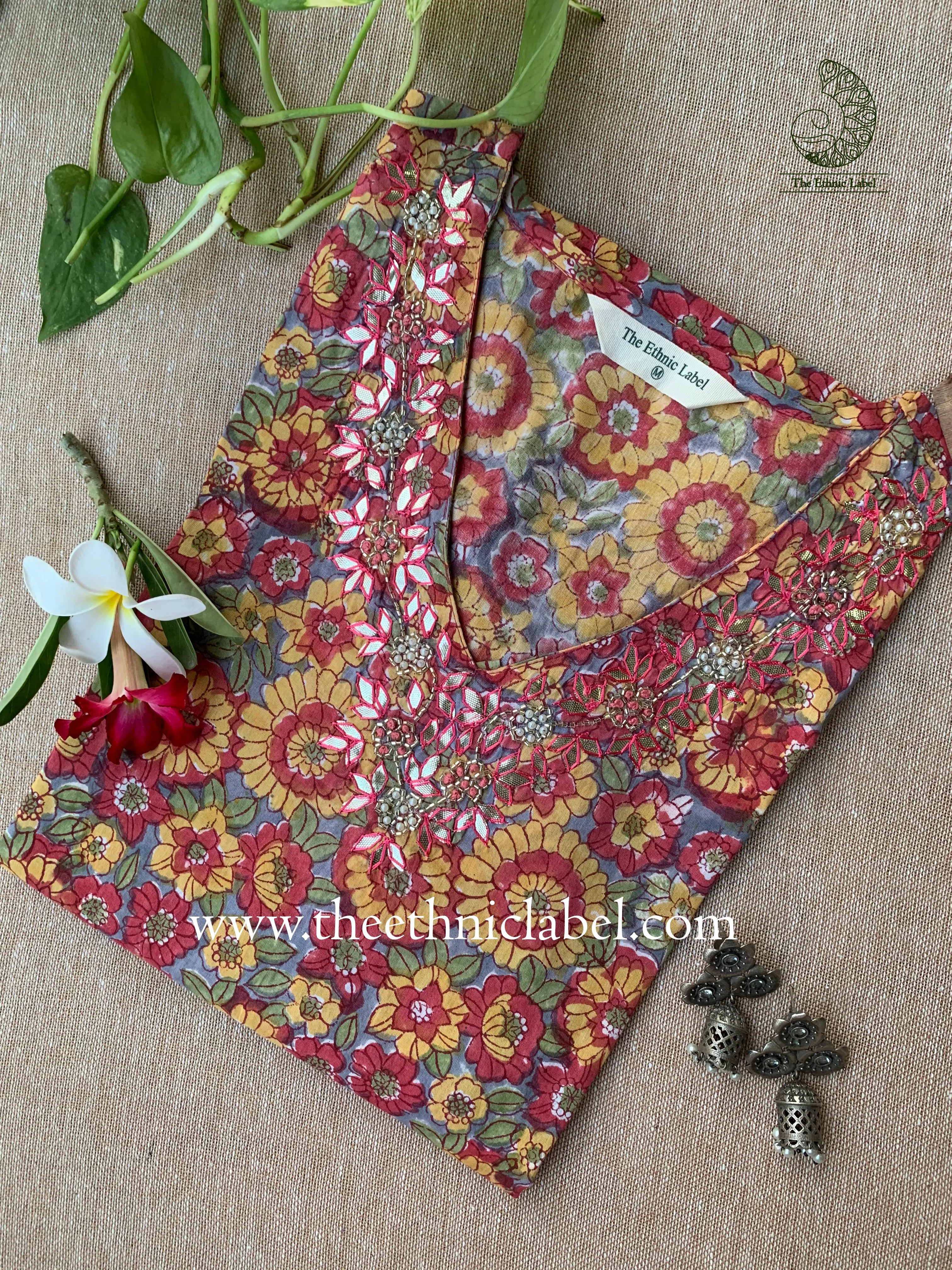 "Suvarna" Hand Embroidered Block Printed Cotton kurta