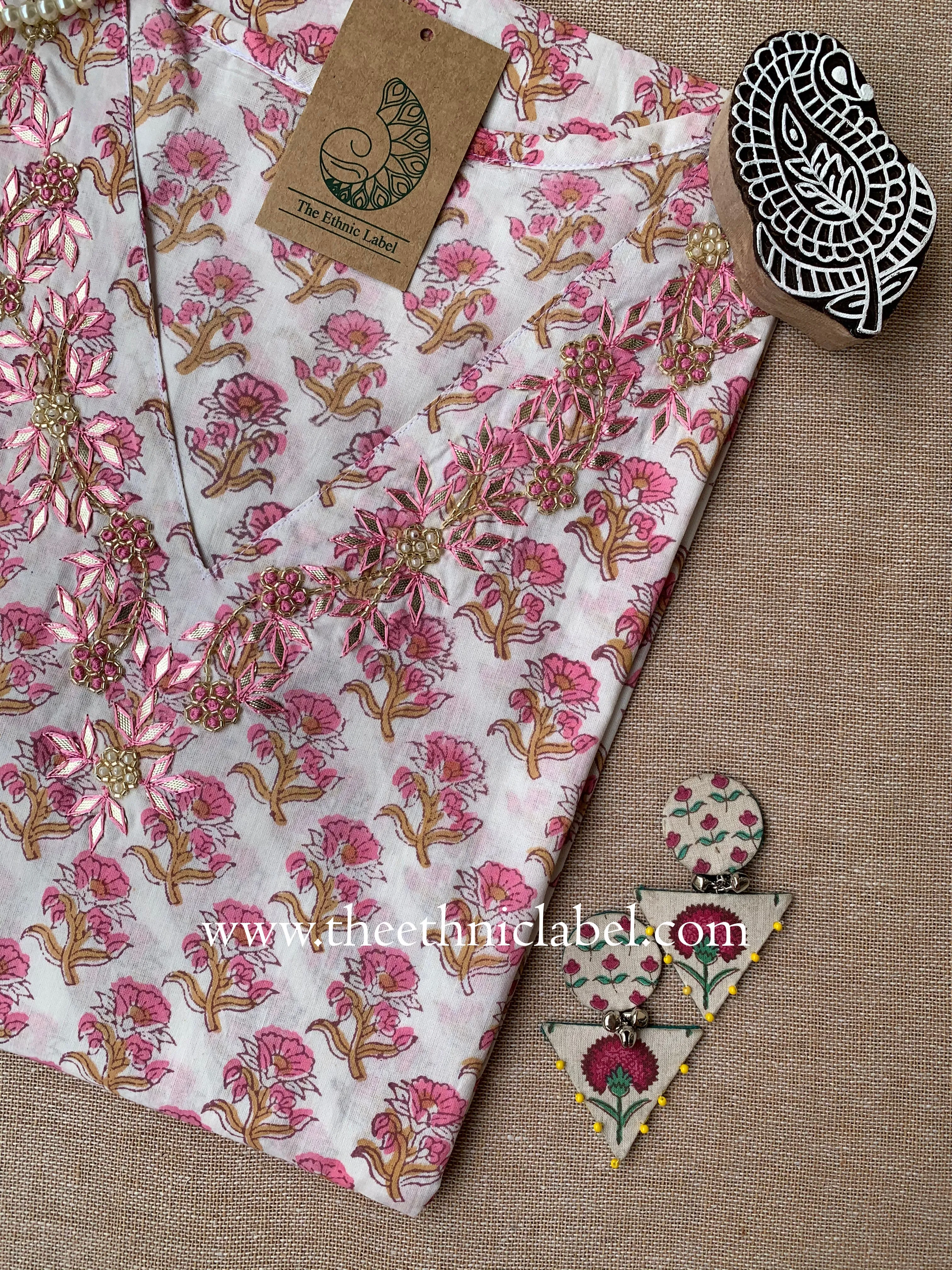 "Tabu" Hand Embroidered Block Printed Cotton kurta - M