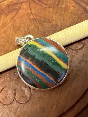 Rainbow Calsilica 925 Solid Sterling Silver Pendant 27mm