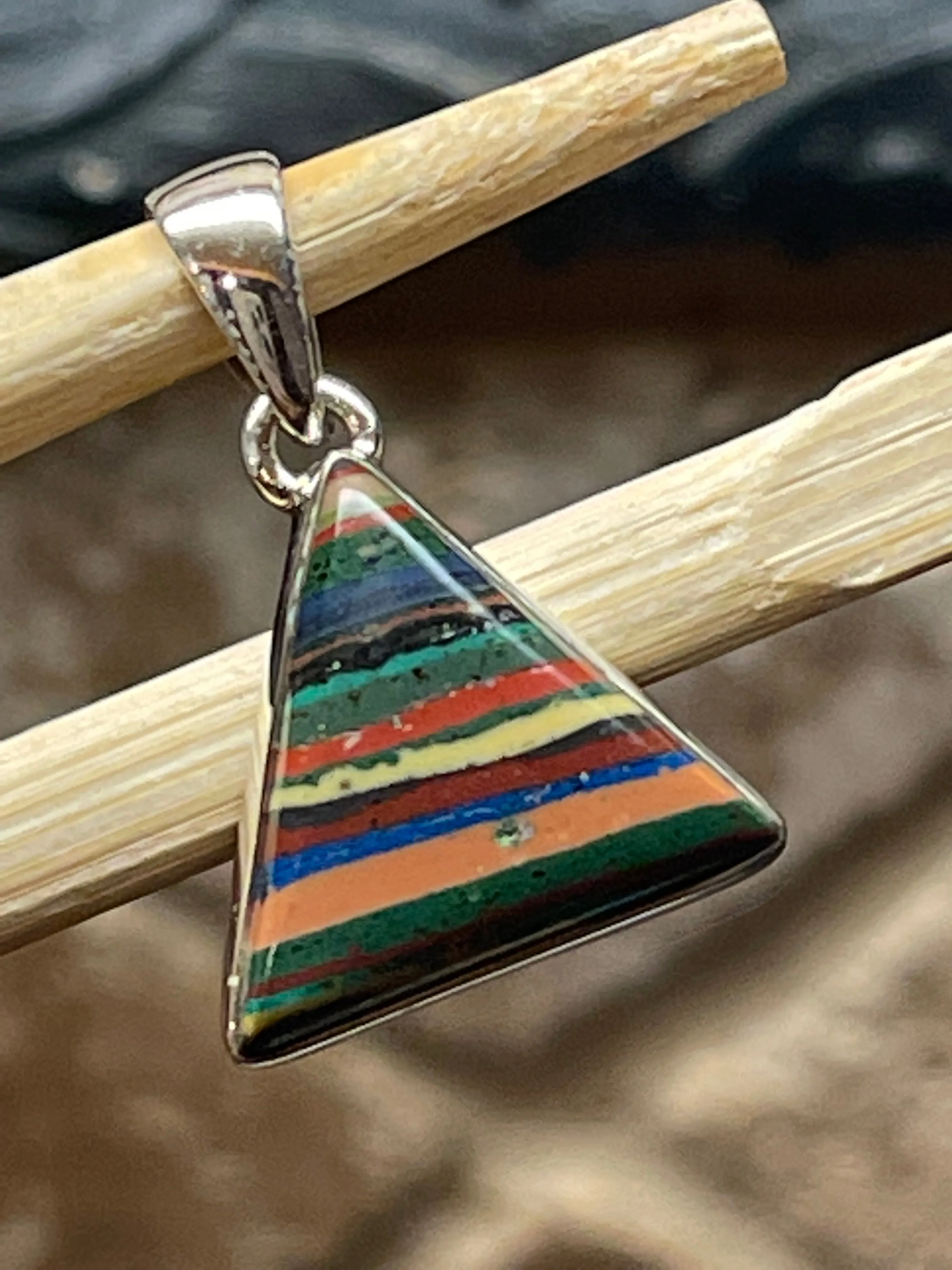 Rainbow Calsilica 925 Solid Sterling Silver Pendant 27mm