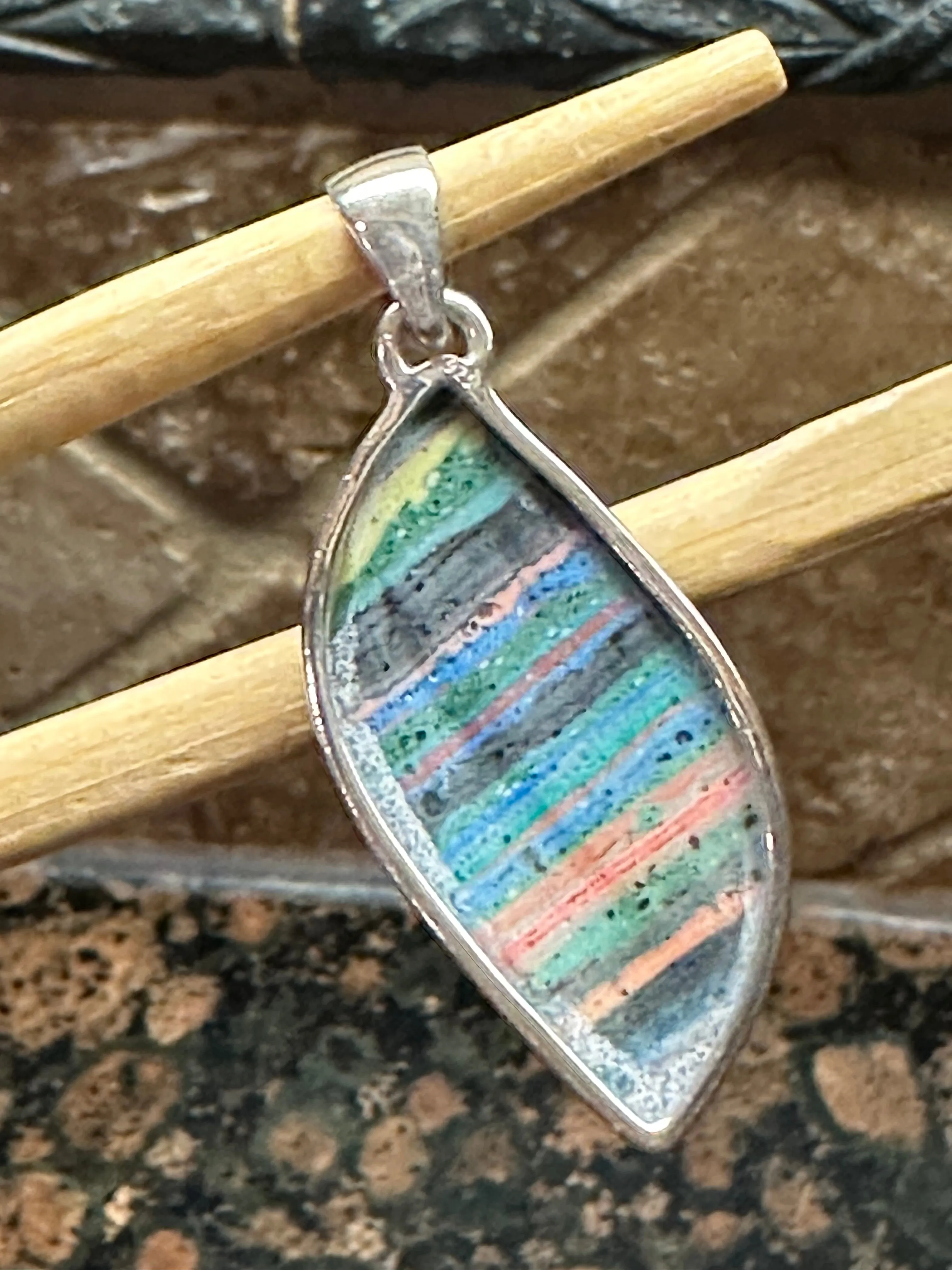 Rainbow Calsilica 925 Solid Sterling Silver Pendant 45mm