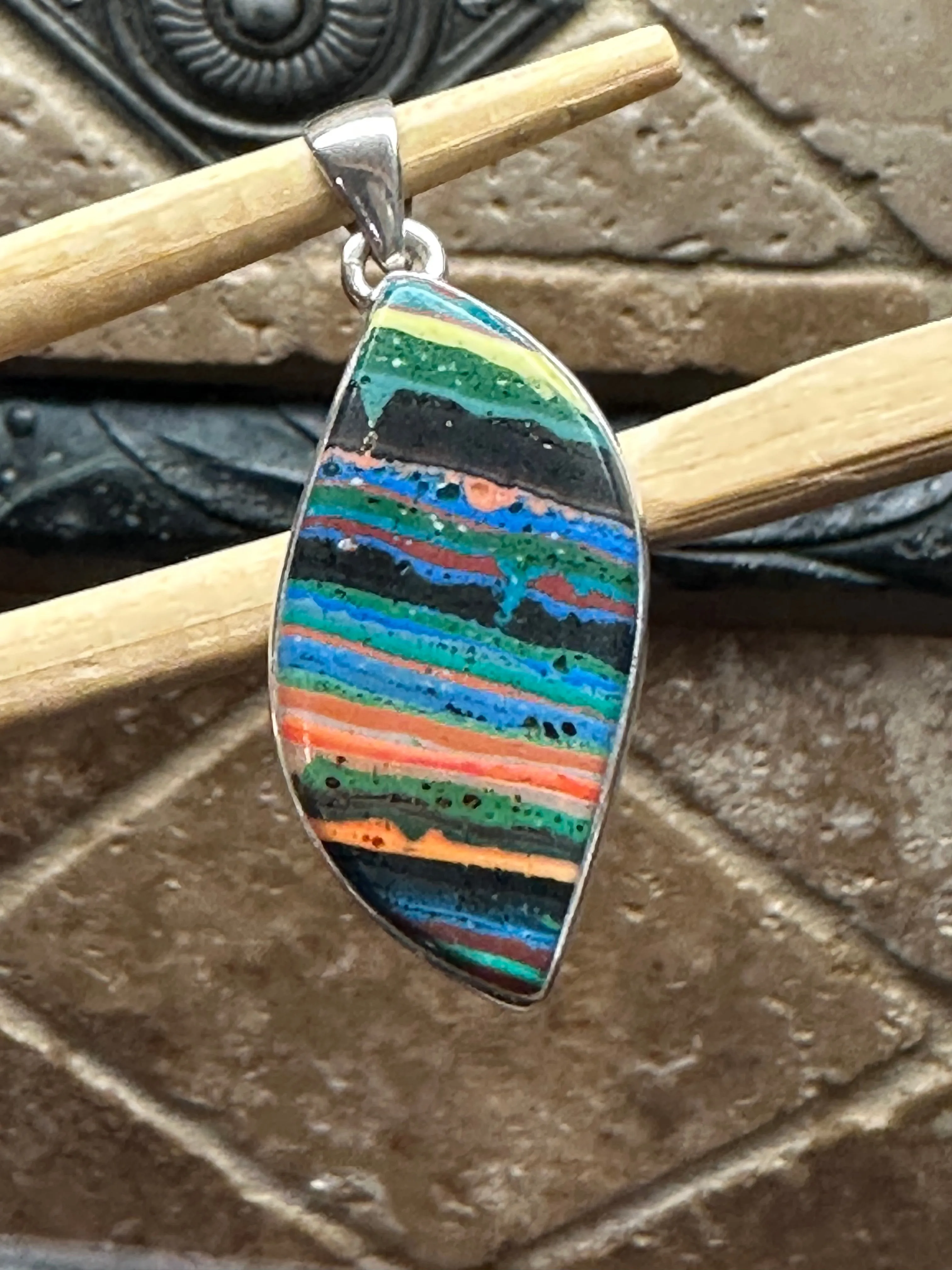 Rainbow Calsilica 925 Solid Sterling Silver Pendant 45mm
