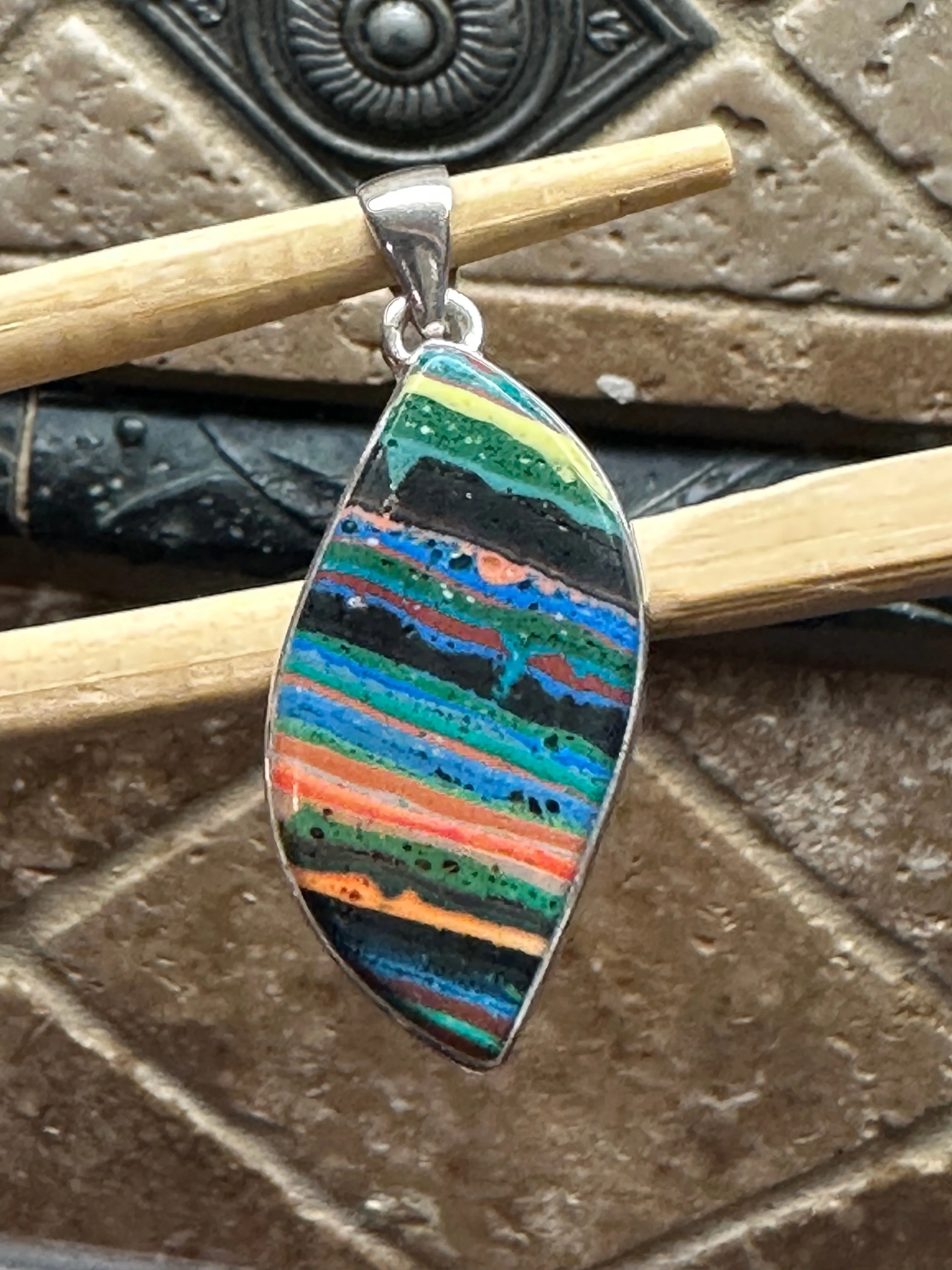 Rainbow Calsilica 925 Solid Sterling Silver Pendant 45mm