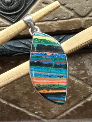 Rainbow Calsilica 925 Solid Sterling Silver Pendant 45mm
