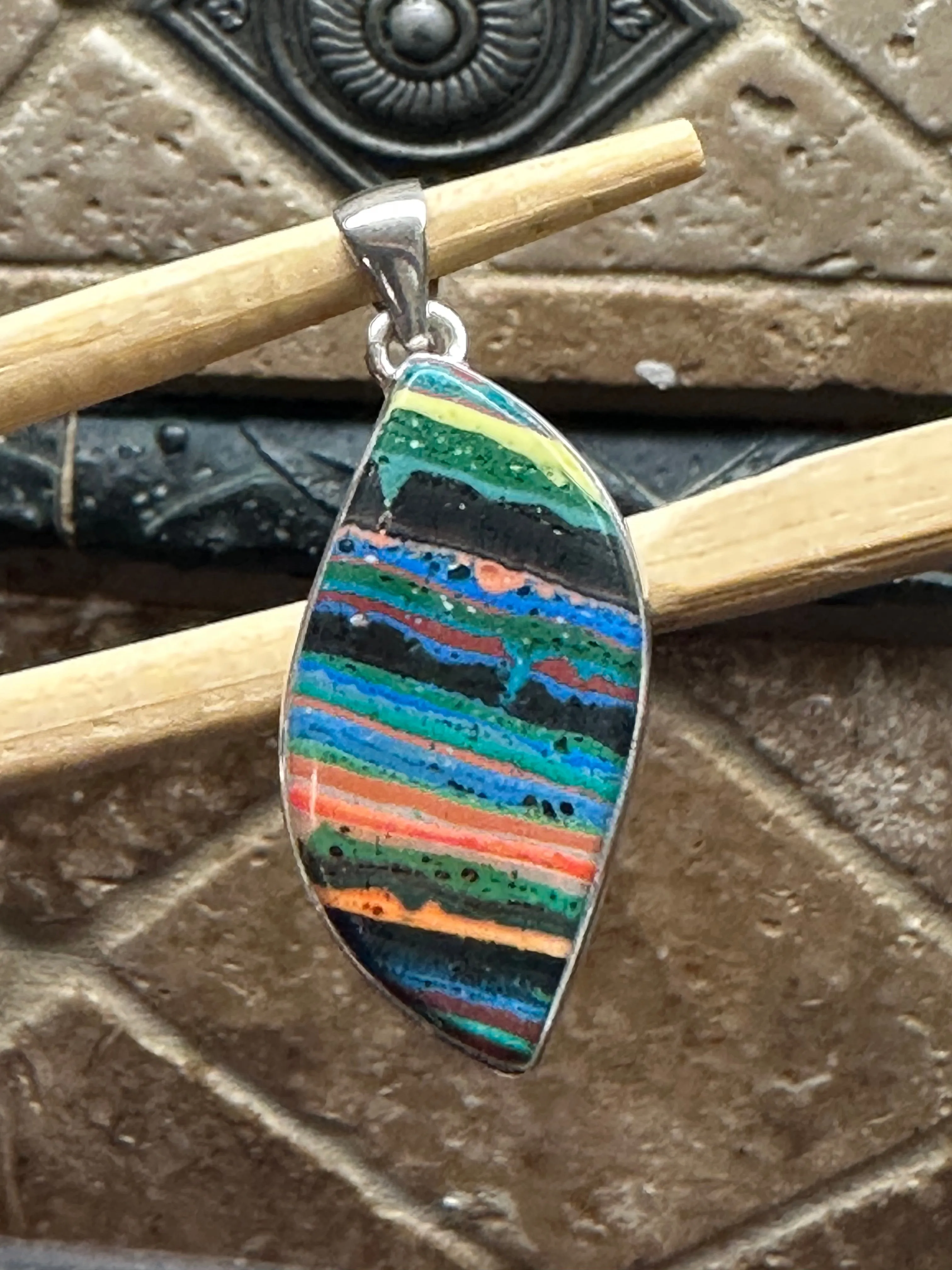 Rainbow Calsilica 925 Solid Sterling Silver Pendant 45mm
