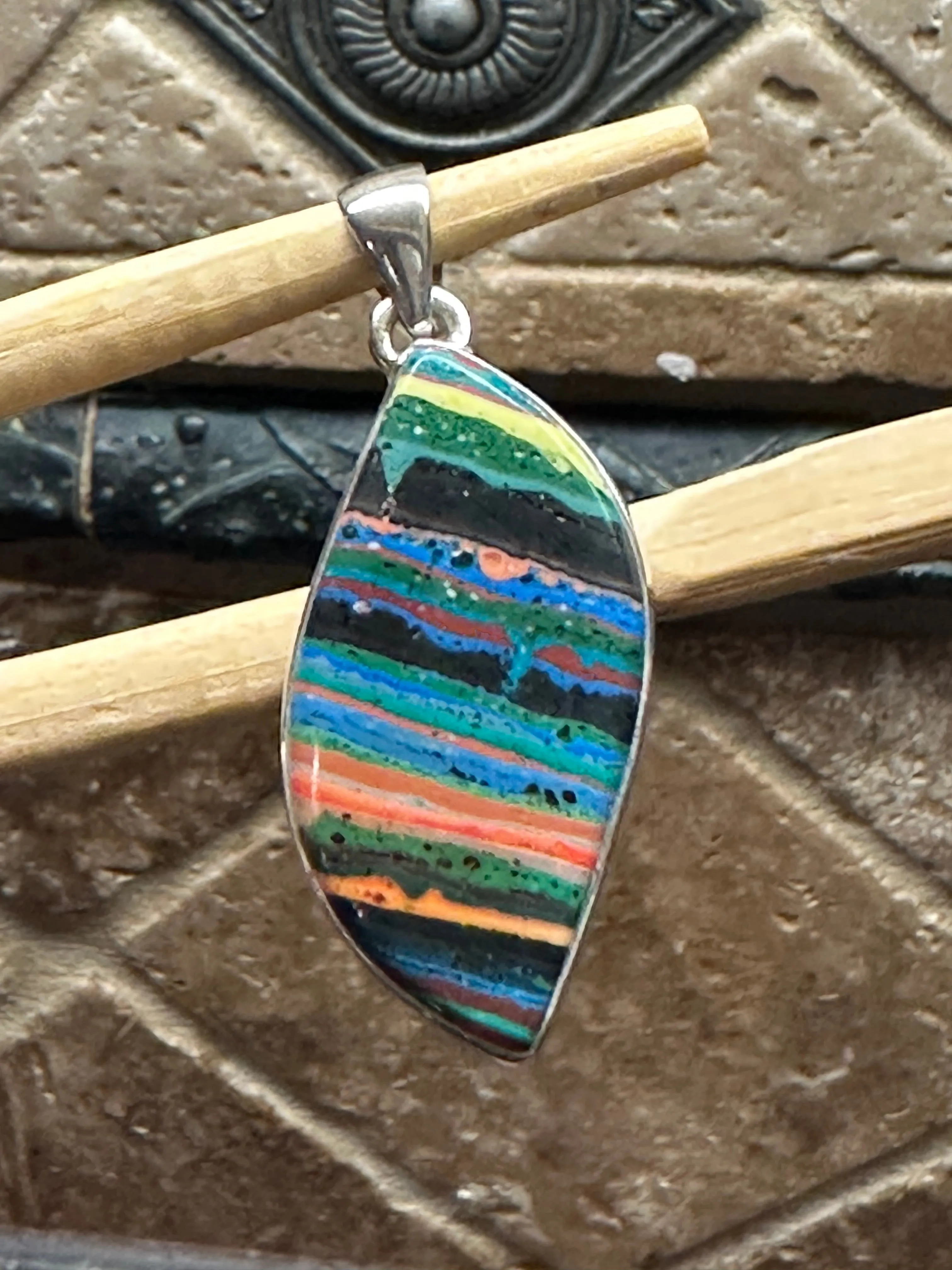 Rainbow Calsilica 925 Solid Sterling Silver Pendant 45mm
