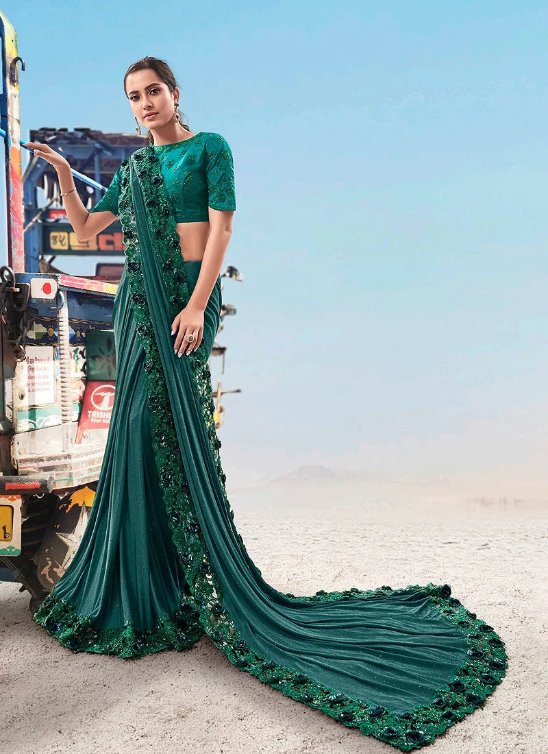 Rama Green Embroidered Saree