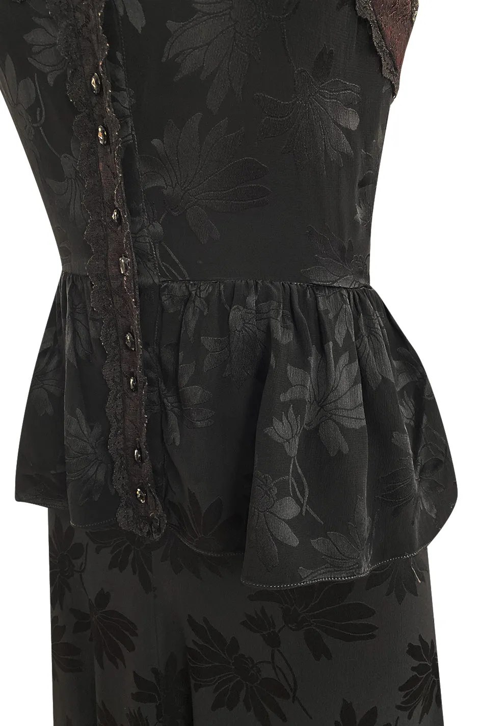Rare 1970s Mary Quant Black Silk Floral Weave Maxi Dress w Peplum & Ruffled Hem