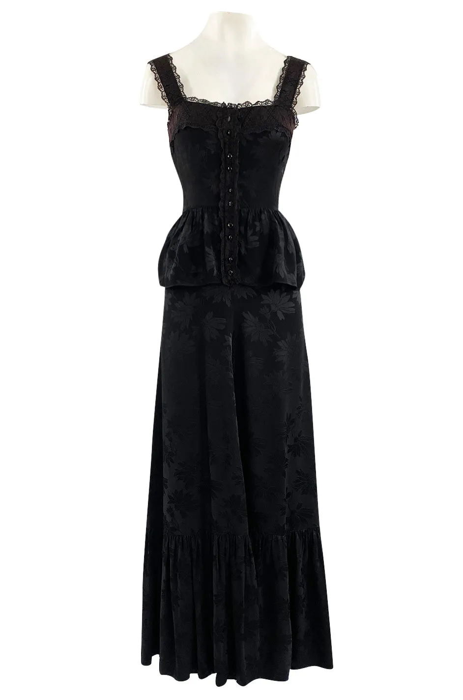 Rare 1970s Mary Quant Black Silk Floral Weave Maxi Dress w Peplum & Ruffled Hem