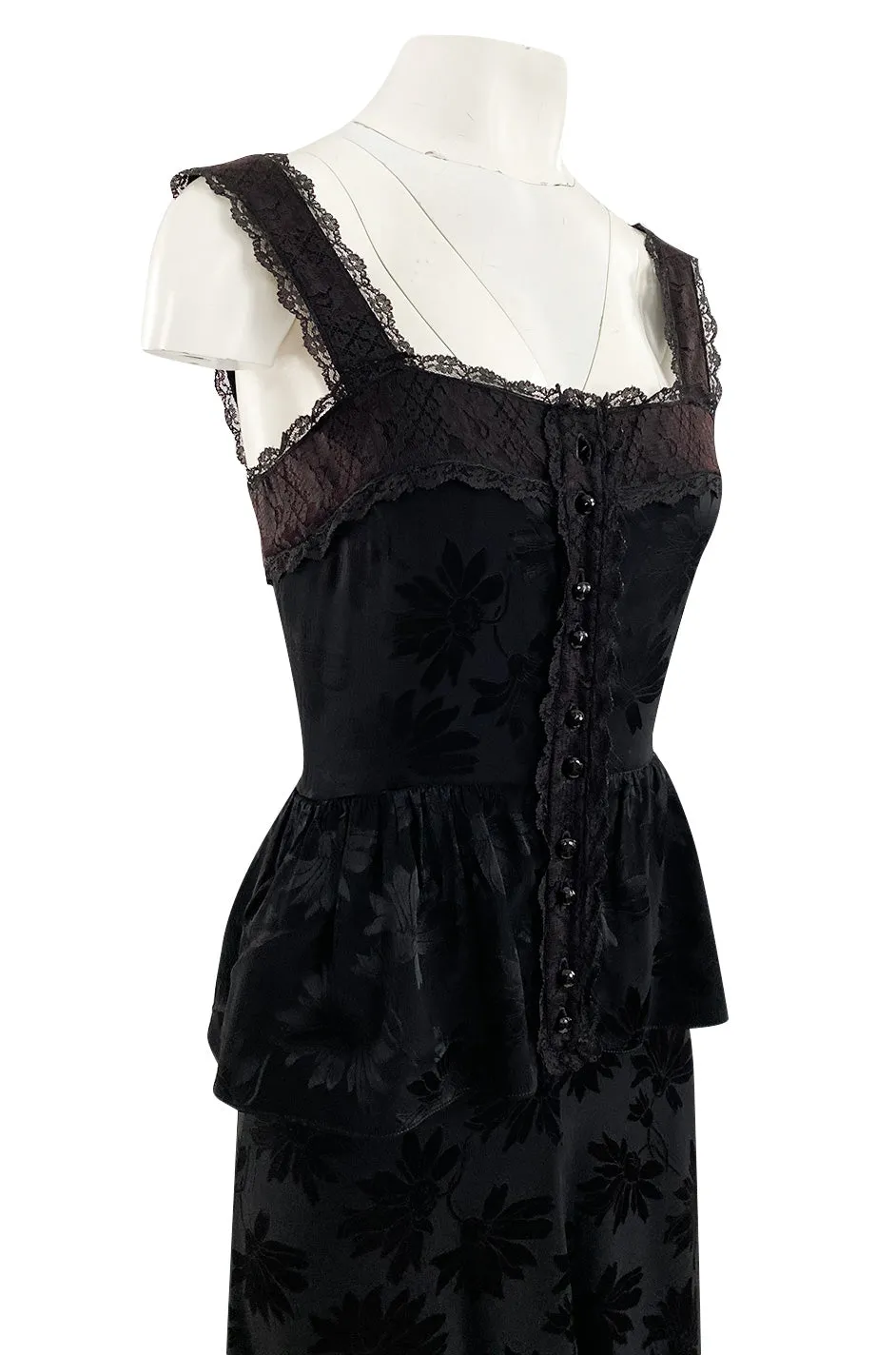 Rare 1970s Mary Quant Black Silk Floral Weave Maxi Dress w Peplum & Ruffled Hem