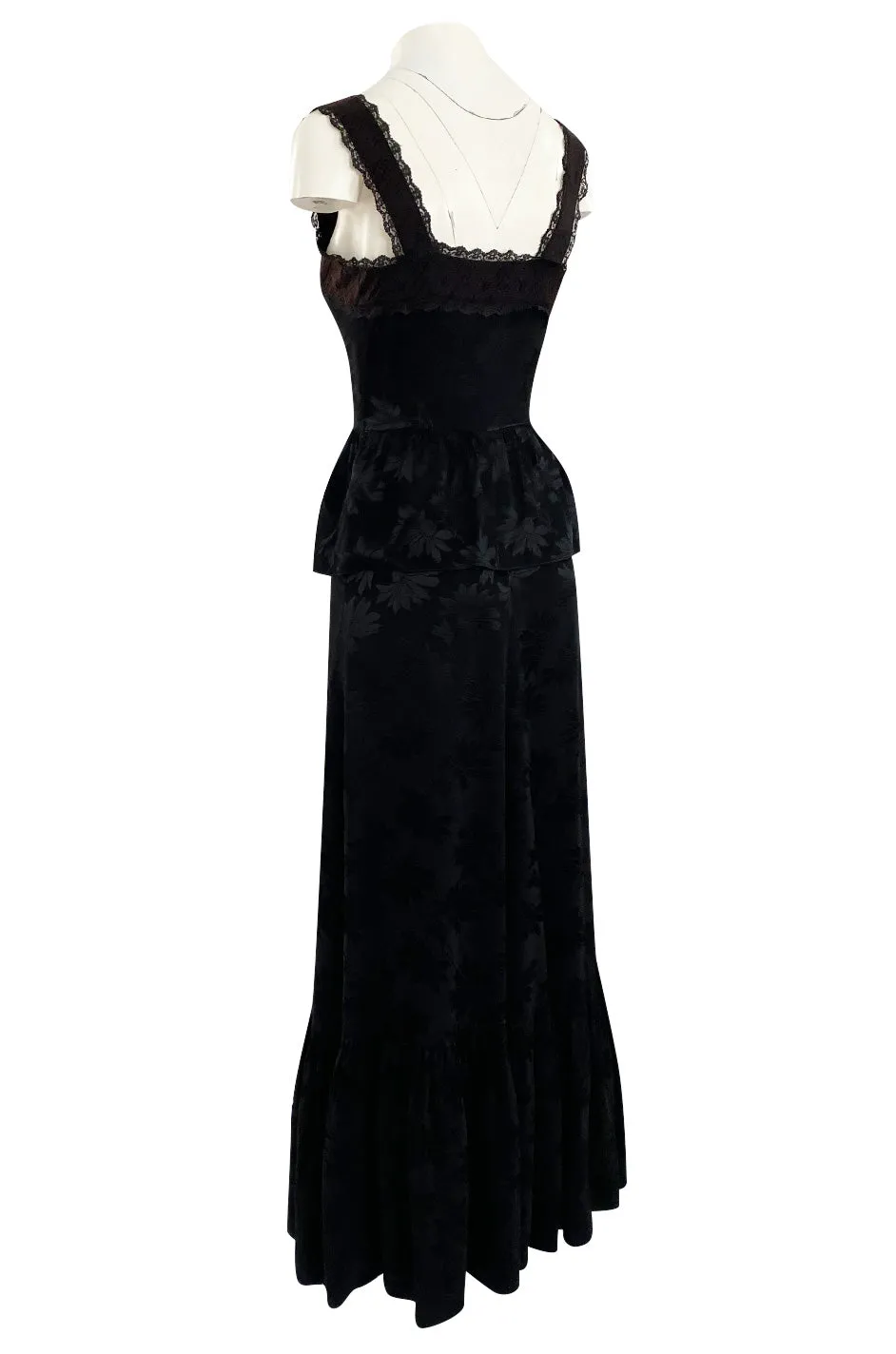 Rare 1970s Mary Quant Black Silk Floral Weave Maxi Dress w Peplum & Ruffled Hem