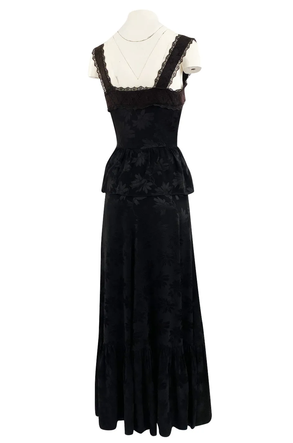 Rare 1970s Mary Quant Black Silk Floral Weave Maxi Dress w Peplum & Ruffled Hem