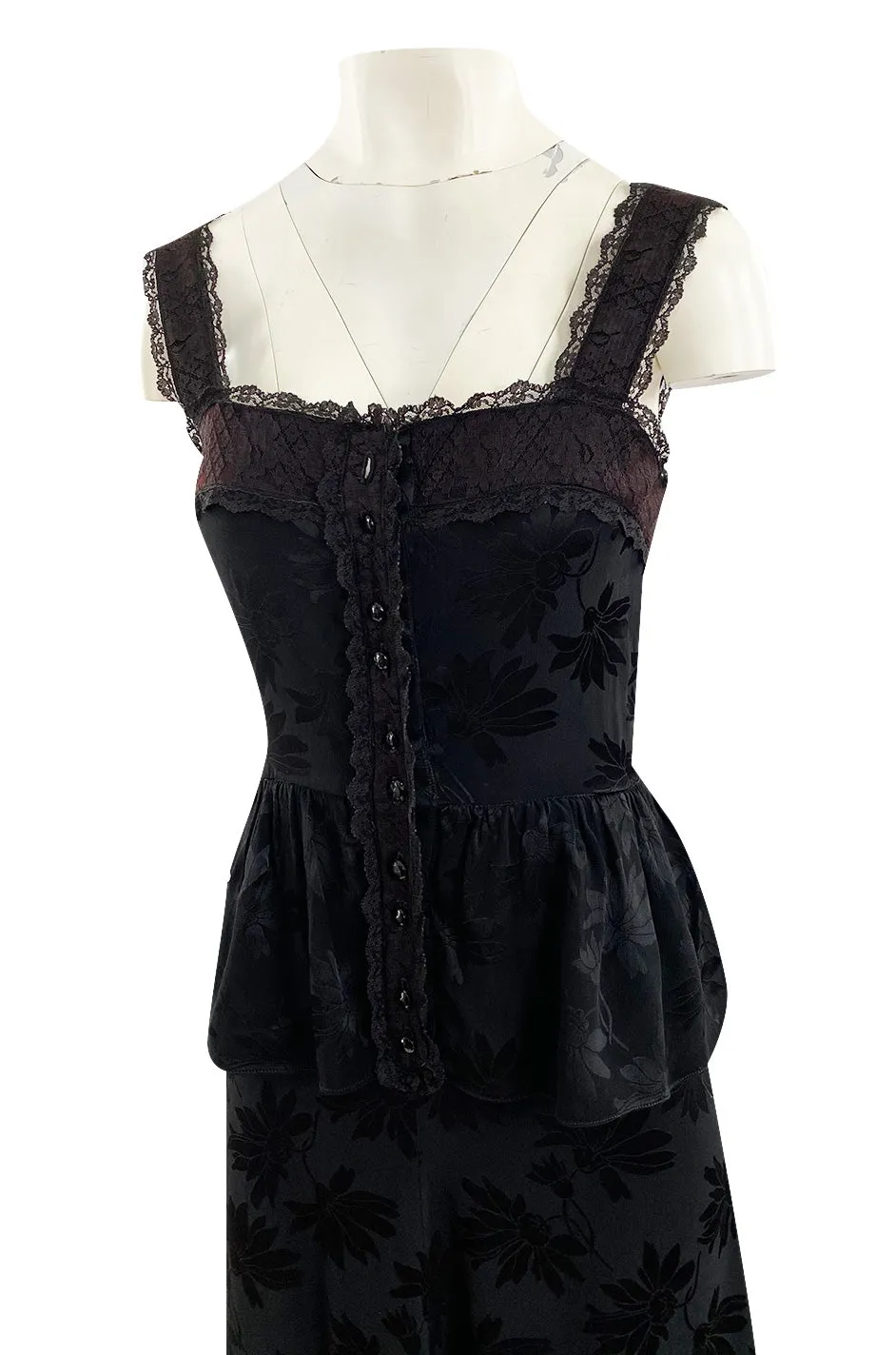 Rare 1970s Mary Quant Black Silk Floral Weave Maxi Dress w Peplum & Ruffled Hem