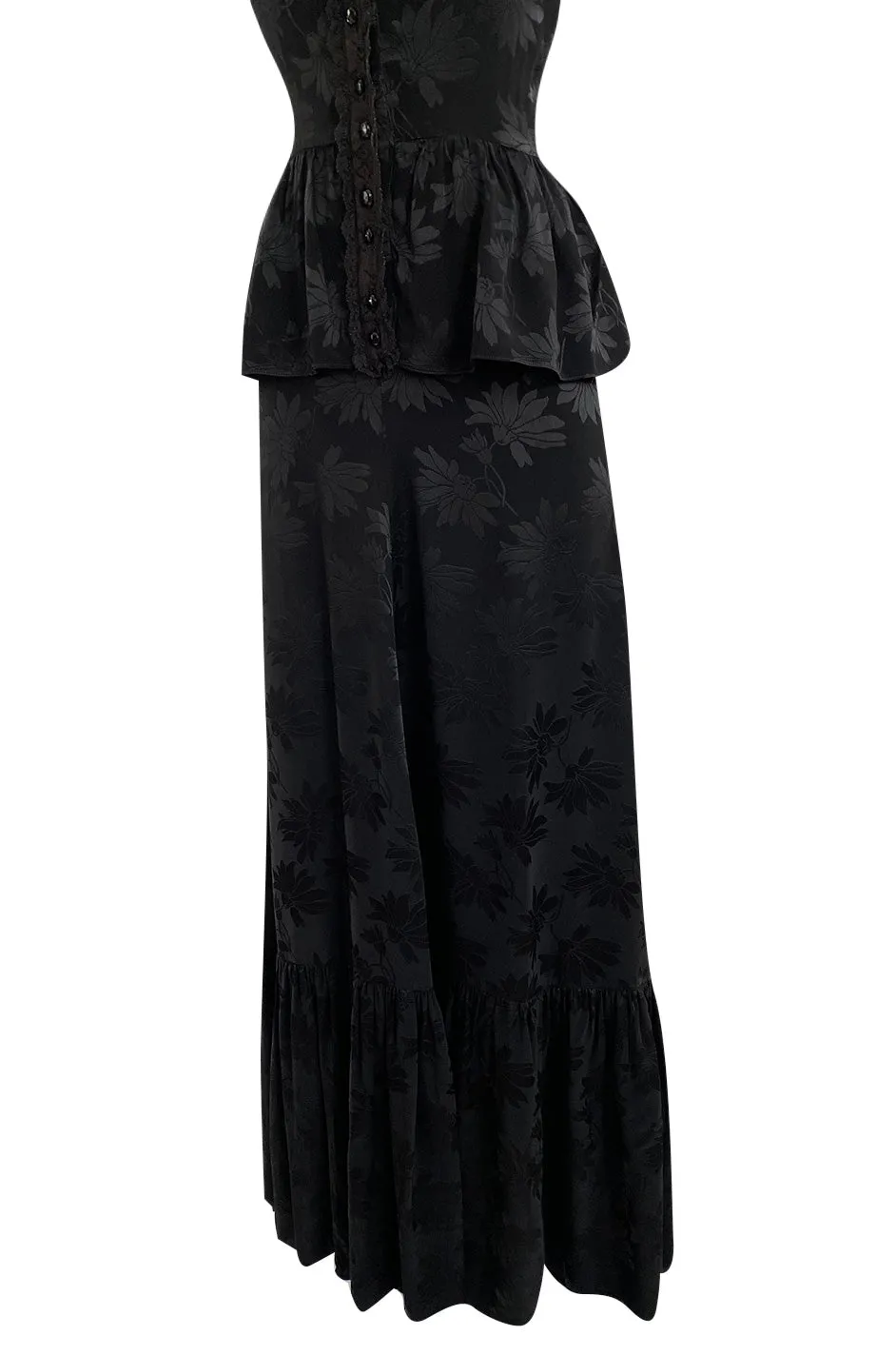 Rare 1970s Mary Quant Black Silk Floral Weave Maxi Dress w Peplum & Ruffled Hem